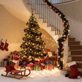 1 st 196,06 tum jultomten, pepparkaksgubbe, snögubbe metallic röd, grön, guld tvinnad banddekoration, inkluderar glänsande ornament, plastjulgran och festtillbehör, inomhus-utomhus juldekoration