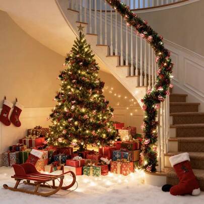 1pc 196.06 Inch Christmas Santa Claus, Gingerbread Man, Snowman Metallic Red, Green, Gold Twisted Ribbon Decor, Includes Shiny Ornaments, Plastic Christmas Tree And Party Supplies, Indoor Outdoor Holiday Decoration