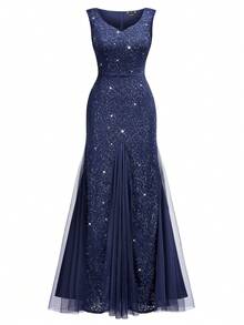 MIUSOL Elegant Women's Sweetheart Neck Sequin Floral Lace Navy Blue Mermaid Maxi Dress, Sleeveless Contrast Mesh Hem, For Formal Wedding Guest Gown, Prom, Evening Party, Graduation, Dinner - 藏蓝色 - 查看 7