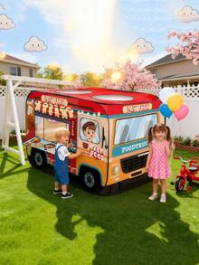 Składany namiot-domek dla dzieci w kształcie food trucka z hamburgerami, odpowiedni do użytku wewnątrz i na zewnątrz, kolorowy design, wytrzymały materiał poliestrowy, łatwy w montażu i przenoszeniu, idealny na kemping, piknik i do zabawy na świeżym powietrzu, idealny prezent na urodziny, Boże Narodzenie, Halloween lub Wielkanoc, plac zabaw na kempingu | Namiot zabaw | Wytrzymały domek do zabawy