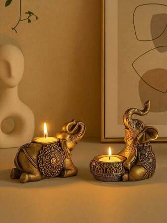 1件复古金色大象烛台 - 坐姿或卧姿雕塑装饰，卧室/客厅烛台托盘，毕业或乔迁礼物