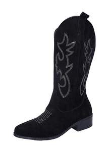 女式西部牛仔靴 - 黑色过膝宽筒牛仔靴，经典刺绣，一脚蹬尖头粗跟时尚复古经典高筒靴，适合秋冬季女孩和女士 - 黑色 - 查看 8