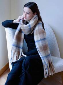 1 szt. damski szalik w kratę trójkolorową w paski, swobodny, ciepły, wygodny, minimalistyczny design, odpowiedni do domu, na zewnątrz, na randki, dojazdy do pracy, uniwersalny