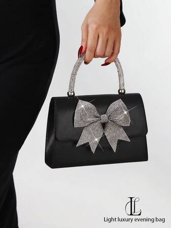 Bolso de mano de satén negro con lazo de rhinestones brillantes, bolso de mano minimalista con tachuelas, bolso de hombro elegante y formal, adecuado para boda, fiesta, baile de graduación, celebración, regalo, monedero