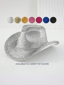 1pc Women's Western Crown Cowboy Hat, Feather Decor, Sequin Trim, Pink Western Cowboy Hat, Stage Hat