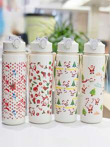 1pc 750ml/26oz Christmas Themed Straw Sports Water Bottle, Compact & Portable, Leak-Proof, Suitable For School, Office, Outdoor Activities, Running, Fitness, Perfect Christmas Gift - Multicolor - View 4