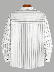 Herren Vintage Stil weiß gestreiftes Hemd mit Stehkragen und halber Knopfleiste, locker geschnitten, modisch, vielseitig, geeignet für Büro, Frühling & Herbst