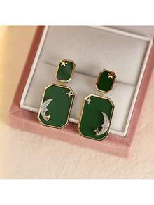 Exaggerated Square Geometric Cubic Zirconia Earrings, Fashionable Star & Moon Design, Versatile Jewelry Accessory (No Box)