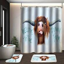 Set de baie cu imprimeu amuzant de vacă 1/4 buc, set decorativ pentru baie, perdea de duș impermeabilă cu cârlige, covoraș antiderapant, husă pentru scaun de toaletă și covoraș în formă de U, separator pentru cadă, accesorii pentru baie, decor pentru casă, set de duș cu perdea pentru fereastră pentru baie, decor pentru baie, decor de Crăciun