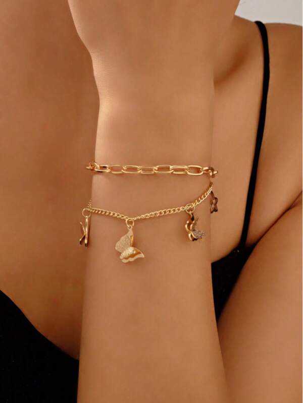 A Simple And Sweet Double-Layer Stacked Hollow Chain Butterfly Pendant Bracelet For Ladies
