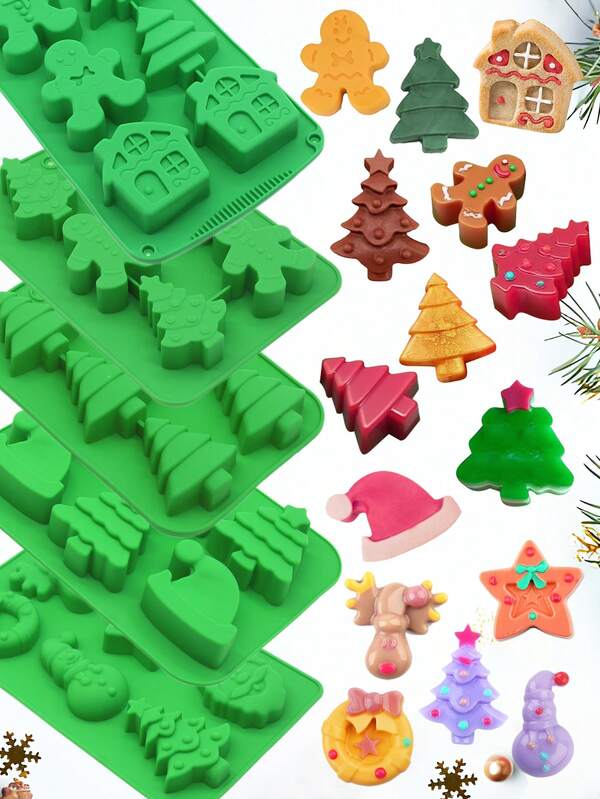 1 pieza Molde de silicona para pastel de Navidad, con formas de árbol de Navidad, hombre de jengibre, muñeco de nieve y casa, apto para chocolate, caramelo, gelatina, pudín, pastelería francesa y decoración de pasteles. Molde de la serie creativa 3D de Navidad, resistente al calor, regalo de Navidad DIY