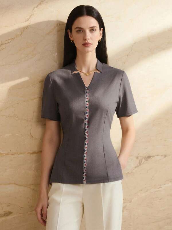 Women's College Style Geo Print Short Sleeved Notched Neck Teacher Elegant Blouse Formal Attire