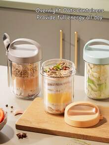 1pc Overnight Oats Container (With Spoon And Lid), 1pc Yogurt Bottle, Airtight Glass Food Storage Jars, Breakfast Yogurt Cup, Cereal Container, Cup, Glass Containers, Storage Jars, Dust-Proof And Leak-Proof, Lid With Handle - Multicolor - View 5