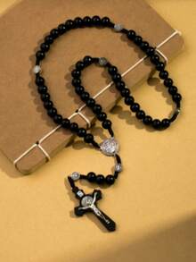 1 Piece Personalized And Fashionable Wooden Bead Cross Prayer Necklace For Men's Daily Wear