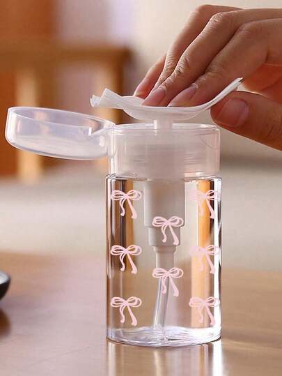 150ml/200ml/300ml Flacone dispenser per arte di unghie, flacone trasparente con stampa a fiocco rosa, contenitore per la conservazione di liquidi per rimuovere lo smalto e detergere, grande capacità, riutilizzabile, flacone vuoto per cosmetici, dispenser a pressione, contenitore vuoto per acetone, accessori da viaggio, accessori per il trucco, essenziali per il bagno e il dormitorio