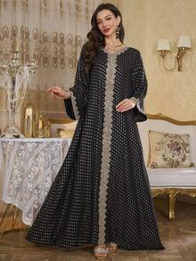 Gold Foil Long Sleeve Modest Dress - Black - View 5