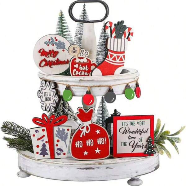 Christmas Wooden Sign Hanging Decoration Set - Red Layered Tray Snowflakes Stocking - Home Kitchen Holiday Decorations For Table Centrepieces Home Decor Christmas Decorations Room Decor Winter