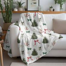 1 buc Pătură de flanel cu imprimeu de brad de Crăciun verde Fericit cu flori de fructe de pădure 70 * 100cm / 100 * 150cm / 130 * 150cm Pătură moale și caldă pentru decor acasă, animal de companie, pui de somn, birou, pat, cadou de Crăciun de toamnă/iarnă pentru familie sau prieteni, decor de Crăciun