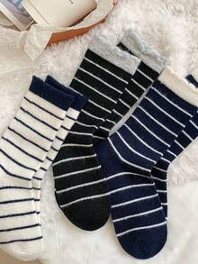 3 pares de calcetines gruesos y cálidos de lana con rayas para mujer, calcetines minimalistas de moda suaves hasta el tobillo, para otoño/invierno