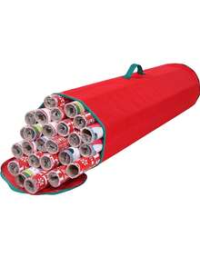 1pc Oxford Cloth Christmas Gift Packaging Storage Bag, Red Wrapping Paper Storage Bag With Green Handle, Easy To Carry Cylindrical Container - Red - View 7