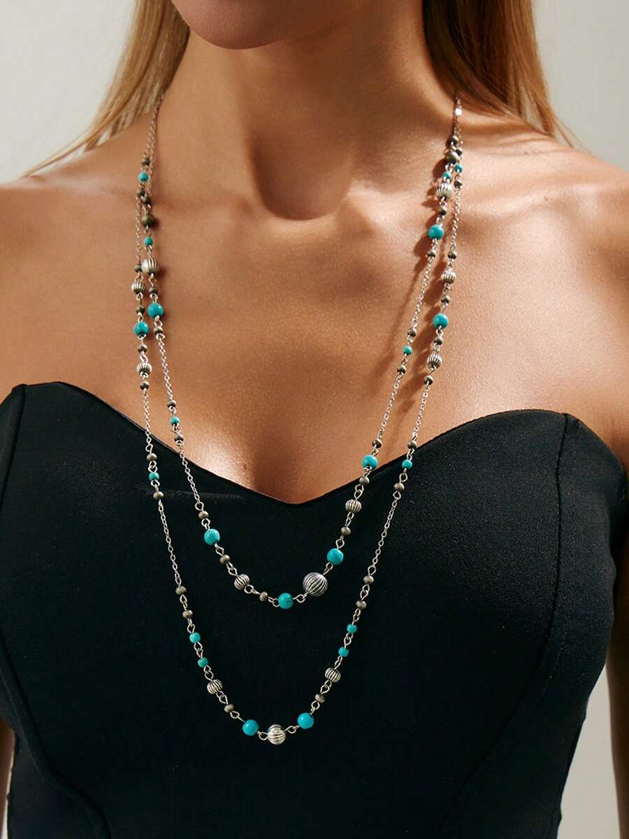1 Set Of 2 Vintage Asymmetrical Turquoise-Like Metal Ball & Tassel Necklace Set, Sophisticated Geometric Beaded Pendant Sweater Chain Necklace, Suitable For Women's Daily, Vacation, Party Wear