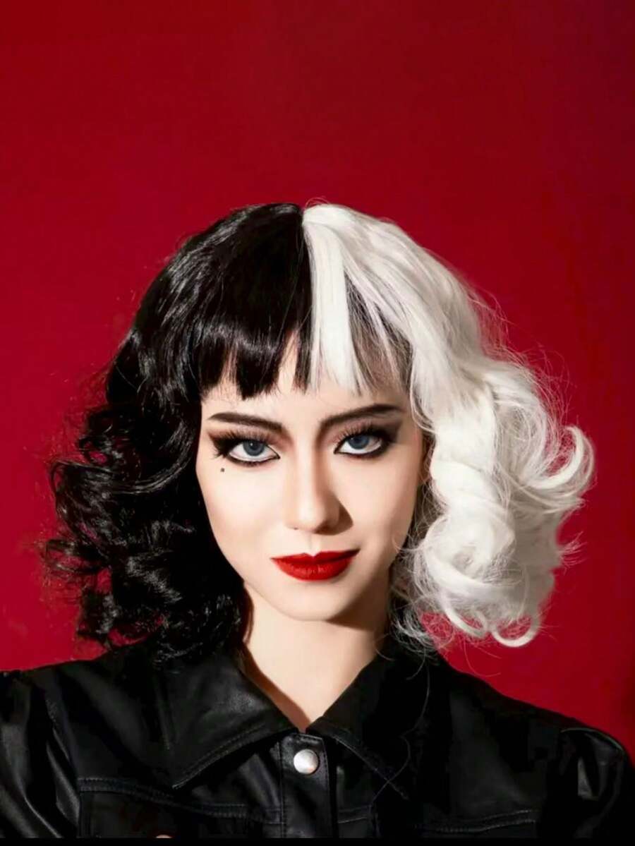 One Halloween Carnival Party Performance Fashion Curly Hair Wig In Black And White Color. Suitable For Various Holiday Party Costume Roles.