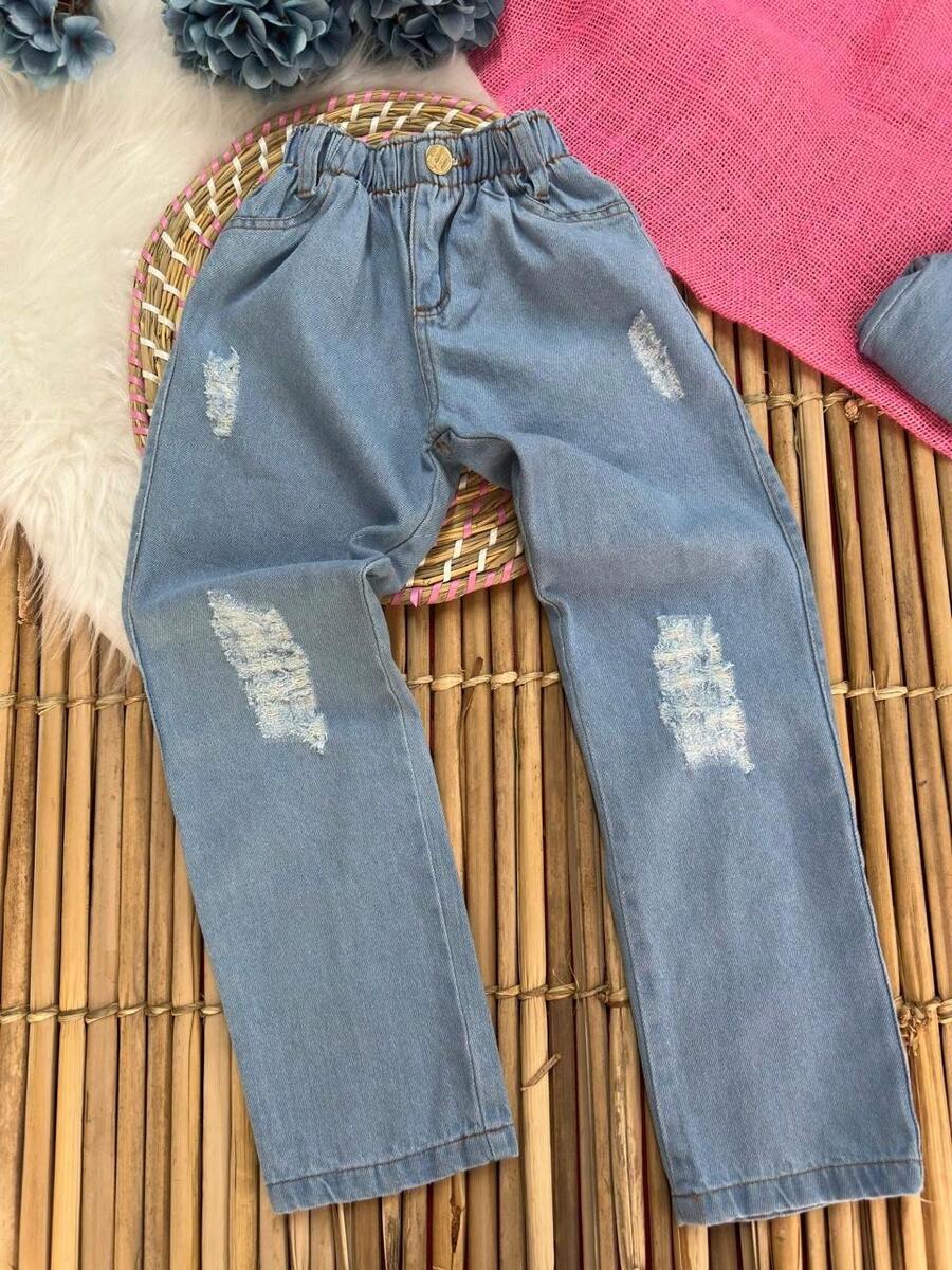 CALÇA JEANS MOM MENINA INFANTIL/MODA BLOGUEIRINHA/MODA MODERNA/CASUAL DIÁRIO/CASUAL URBANO/COM CINTURA ELÁSTICA/ - Multicolorido - Visão 1