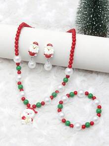 Conjunto de joyería de 4 piezas para niñas con encantos de Papá Noel, incluyendo pulsera, brazalete, aretes y collar, adecuado para fiestas navideñas, con cuentas de colores aleatorios