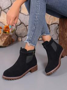 2025 Autunno/Inverno Nuovi Stivali  Nero con Fibbia, Stile Britannico Stivaletti Corti, Tacco Spesso Punta Tonda Chelsea Boots, Per Piedi Larghi Si Prega Di Scegliere Una Taglia In Più