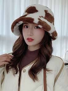 Classic Autumn/Winter New Solid Color Cow Print Faux Fur Fisherman Hat, Korean Fashion Faux Fur Fluffy Thick All-Match Casual Retro Party Streetwear Polyester Fiber Decorated Hat