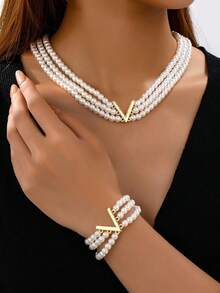 2pcs Elegant Minimalist Design Delicate Elegant Multi-Layer Faux Pearl Bracelet & Necklace Set, Suitable For Women's Daily Wear