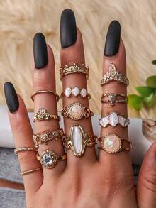 14Pcs/Lot Vintage Elegant Gorgeous Charming Personalized Women Men Rings With Rhinestones Hollowed Out Carved Patterns Engagement Wedding Valentine's Day Gifts Daily Wearing Jewelry Accessories
