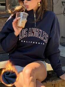 Women's Autumn/Winter New Simple INS Striking Color Letter Print Casual Half-Turtleneck Zipper Long Sleeve Fashionable Versatile Sweatshirt