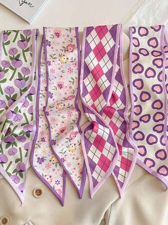 4件套紫色真丝围巾和花卉图案发带，日常及度假多用途优雅发饰女士头巾保暖发带女士围巾