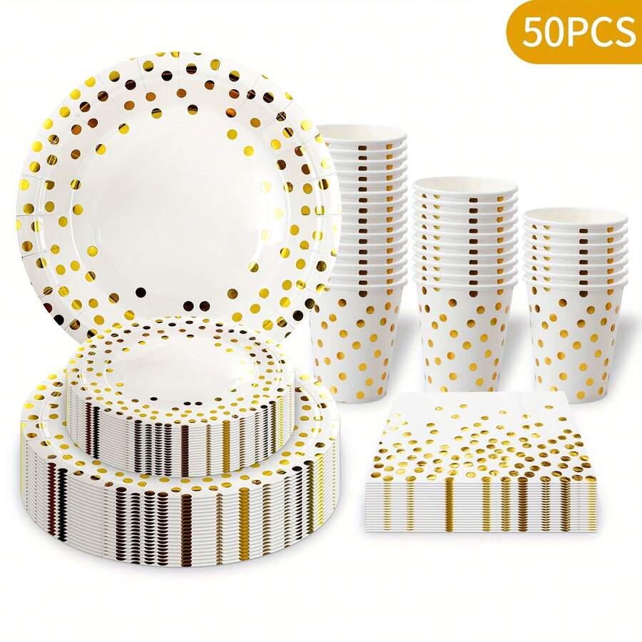 Set de tacâmuri de unică folosință cu paiete albe, format din 50 de piese, potrivit pentru 10 persoane, inclusiv 10 farfurii de hârtie mari și mici, 10 pahare de hârtie și 20 de prosoape de hârtie. Este foarte potrivit pentru tacâmuri de picnic în aer liber, grătar în camping, reuniuni de familie, petreceri de ziua de naștere, Crăciun, Ziua Recunoștinței și alte decorațiuni pentru petreceri de sărbători.