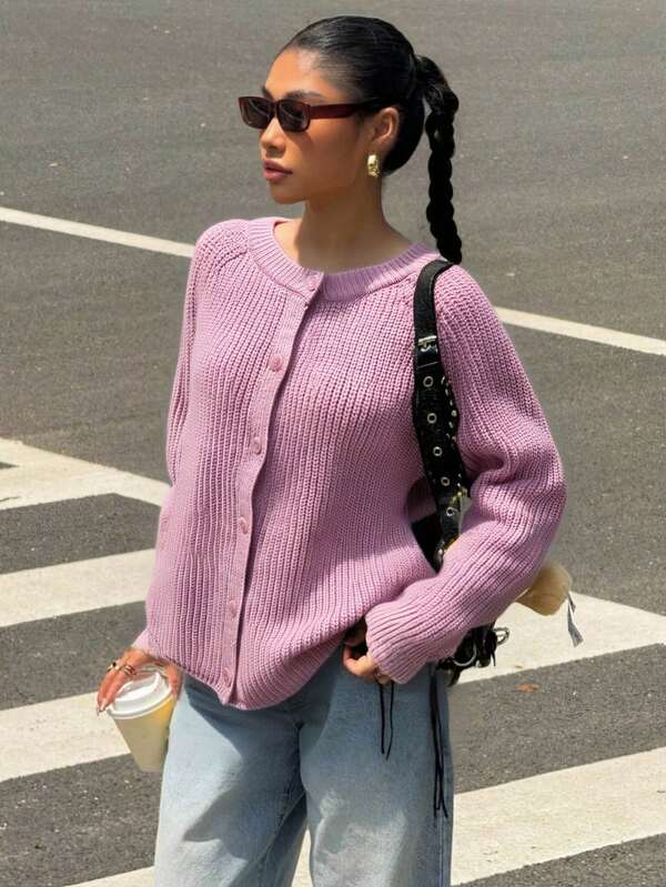 Koreanischer Stil minimalistischer Rundausschnitt Strickjacke für Frauen, vielseitiger einfarbiger Pullover-Jacke für Herbst/Winter