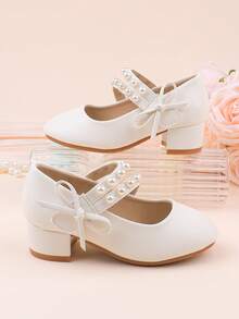 Zapatos de vestir con tacón grueso, decorados con lazo y perlas en estilo minimalista blanco, adecuados para ocasiones formales, fiestas, bodas, actuaciones, ballet, estilo princesa, para niñas pequeñas, niñas y niñas grandes