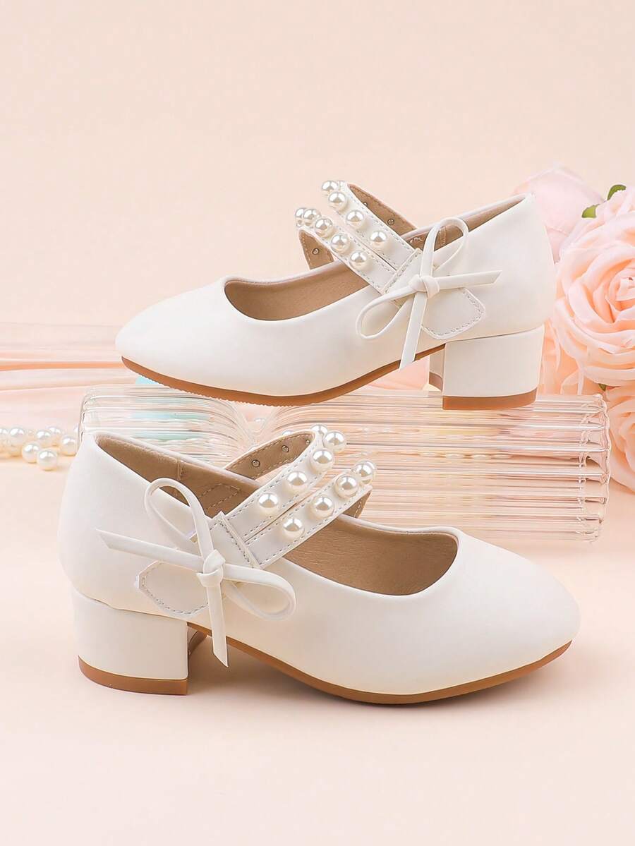 Zapatos de vestir con tacón grueso, decorados con lazo y perlas en estilo minimalista blanco, adecuados para ocasiones formales, fiestas, bodas, actuaciones, ballet, estilo princesa, para niñas pequeñas, niñas y niñas grandes