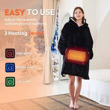 Wearable Heated Blanket Hoodie, USB Heated Oversized Hooded Blanket Adult 3 Heat Settings, Overheat Cozy Warm Heated Hoodie Blanket Sweatshirt Women With Sleeves & Pocket - Black - View 10