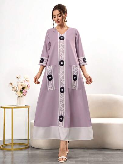 Vestido casual de mujer con cuello en V elegante, manga 3/4 y estampado asimétrico, para uso diario