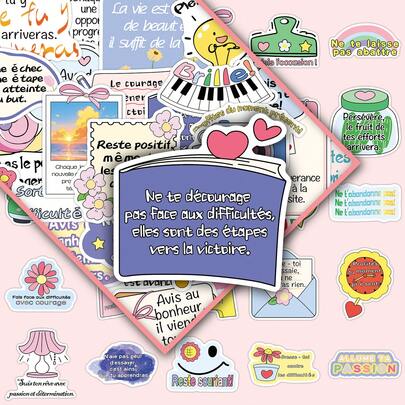 50 unidades de adesivos decorativos com citações francesas inspiradoras e fofas de desenho animado, adequados para caixa de armazenamento, capa de celular