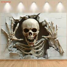 Banner plat 2D, 1 bucată de schelet care sparge peretele, ținând peretele cu ambele mâini, cu pânză de fundal cu sânge și crăpături, creând o atmosferă de groază terifiantă și realistă, perfect pentru decorațiuni de Halloween și evenimente cu tematică de groază, cadouri de sărbători, decorațiuni pentru casă, recuzită de studio, petreceri de tailgating.