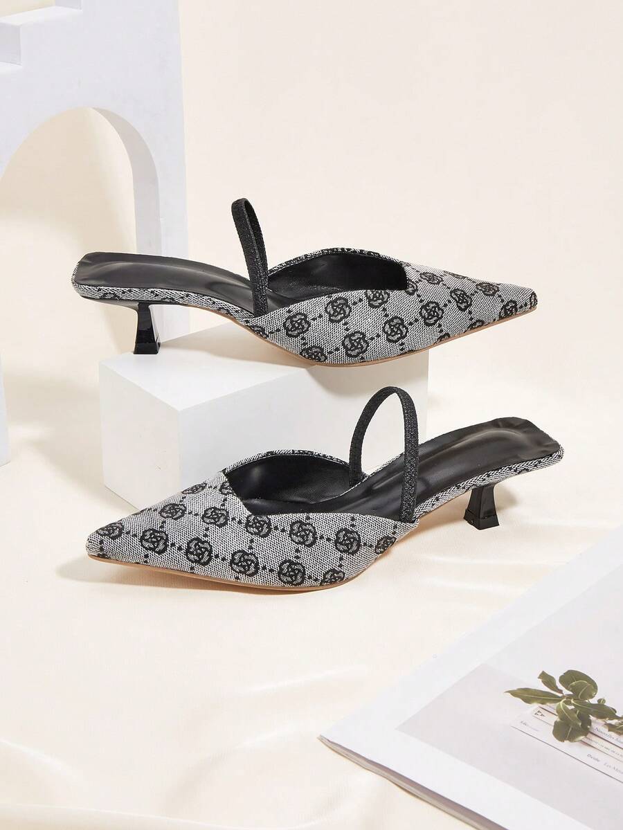 Nuevos tacones de gatito de punta cerrada con estampado floral cómodos - Negro y gris - Ver 1