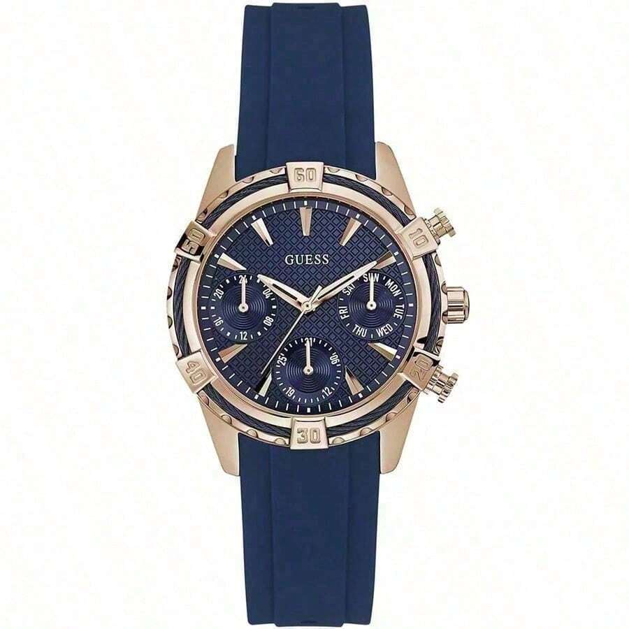 Guess Ladies' Quartz Watch,Dark Blue Dial, Blue Strap, Three Dial Display, Sunday Hour And Minute Display, Business Elegant Style, Fashionable Classic, Suitable For Daily Wear, A Gift For Girlfriends And Mothers W0562L1/W0562L3