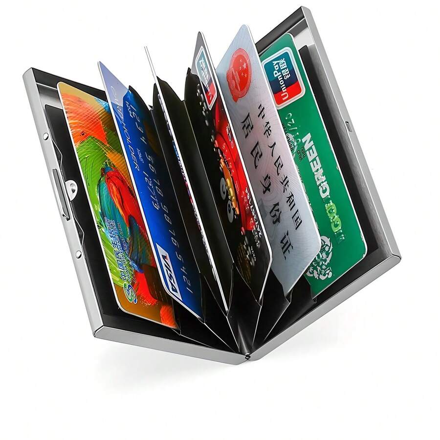 1 Multi-Functional Anti-Magnetic Card Wallet, Men's Anti-Skimming Portable Card Holder For Bank Cards & Credit Cards With Multi-Card Slots, Stainless Steel Wallet. It Symbolizes The Protection Of Card Storage, The Lightness And Peace Of Mind Of Daily Carrying, And The Practical Versatility Of Usage Scenarios.