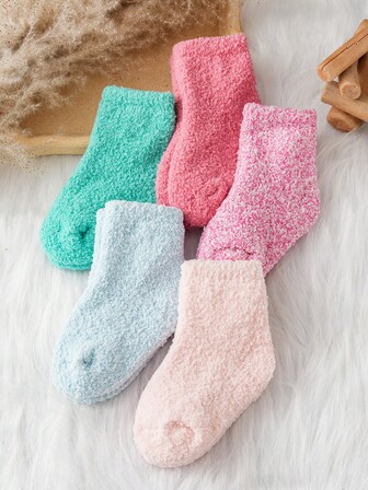 3-5 Pairs Kids Coral Fleece Solid Color All-Match Crew Socks