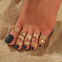 10pcs Adjustable Golden-Tone Toe Ring Set - Minimalist Alloy Foot Jewelry With Intricate Designs, Ideal For Daily Wear Or Gifting - 10個 - 查看 1
