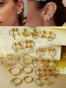 30 件装小号平背耳钉 男女通用 镀金不锈钢耳环套装 微型螺丝背软骨耳环 穿孔珠宝 - 耳環 - 查看 8