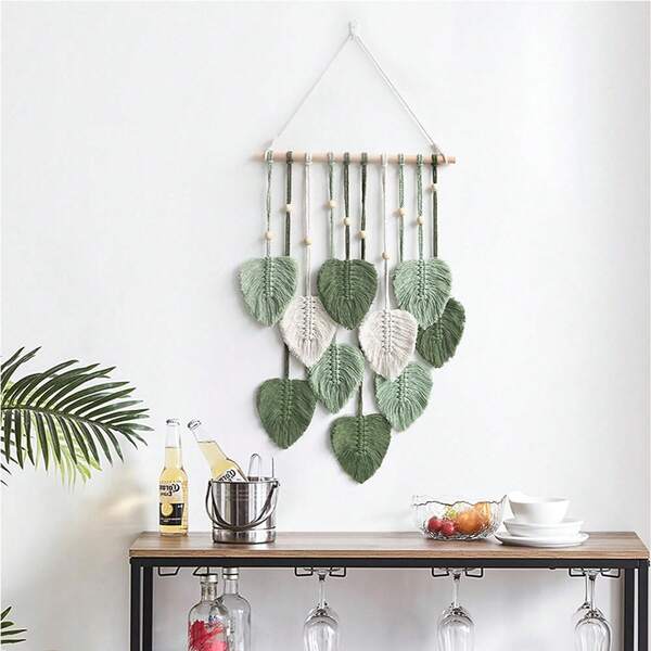 Wall Hanging Decor Leaves Tapestry Boho Wall Decor Woven Feather Handmade Yarn Tassels Woven Wall Art Decorations For Nursery, Bedroom, Living Room, Apartment Home Backdrop (LightGreen)