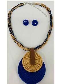 Braided Wire Necklace Set With Double Pendant + Resin Button Earrings – Sophistication In Every Detail. - Royal Blue - View 3